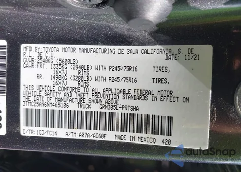 2022 Toyota Tacoma Sr5 V6 из США, поврежденный, VIN 3TMCZ5AN6NM465106